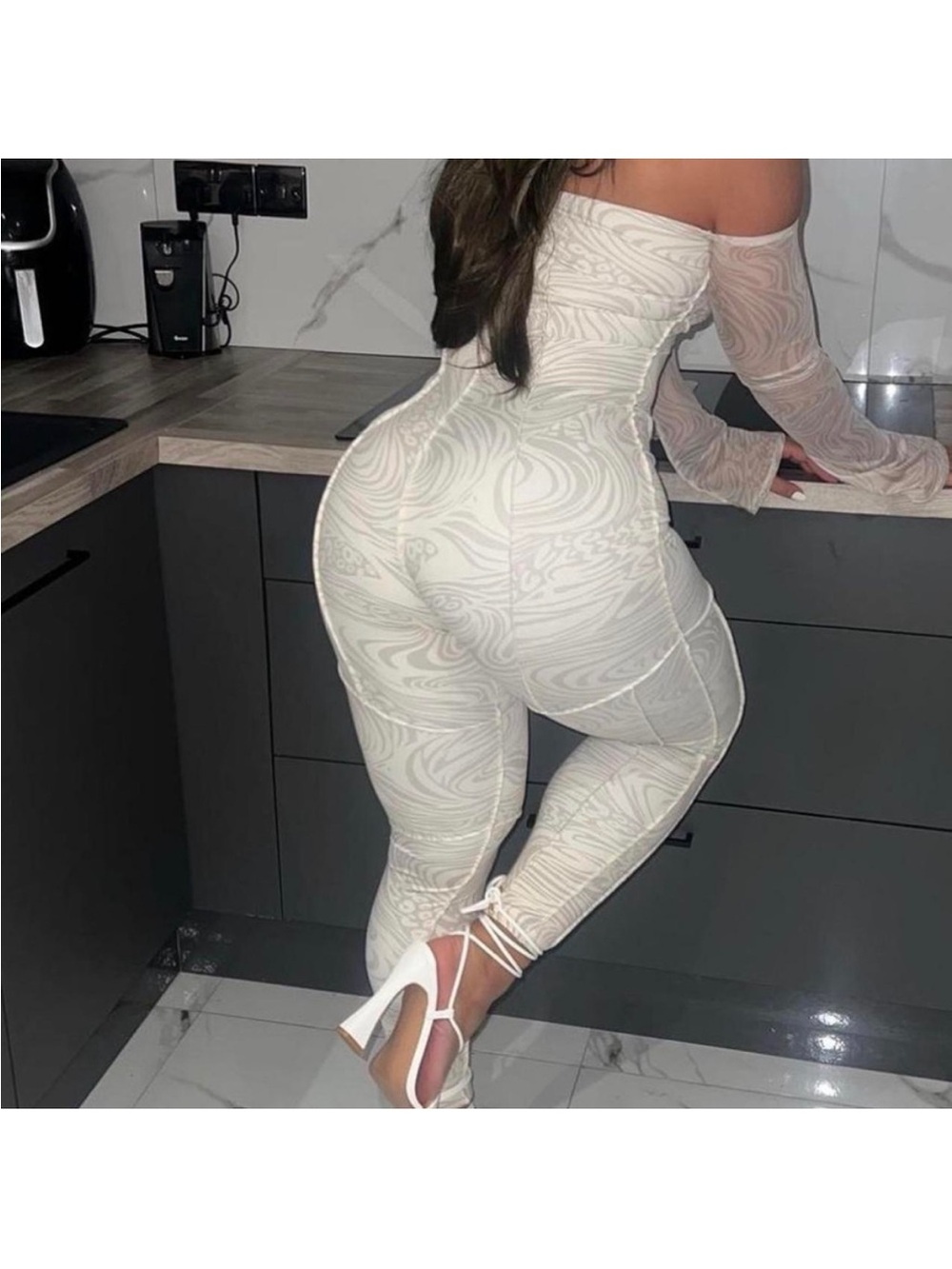 Off-Shoulder Cream Patterned Jumpsuit - Picture 6 of 8